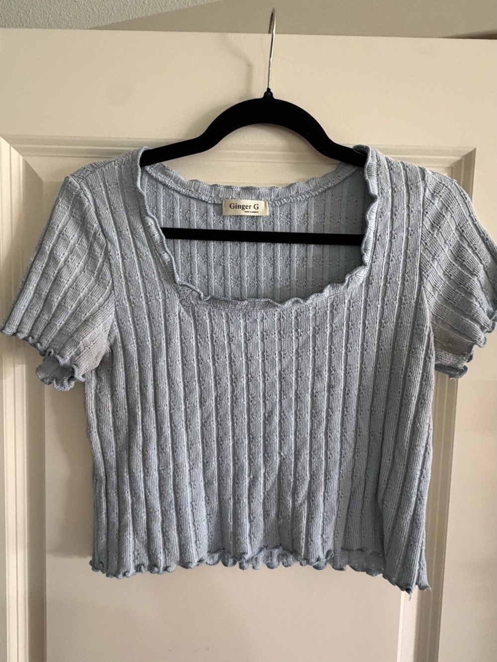 Ginger G Powder Blue Ribbed Lettuce-Edge Crop Top